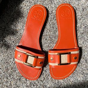tory burch gold eyelet orange leather sandal slides size 7